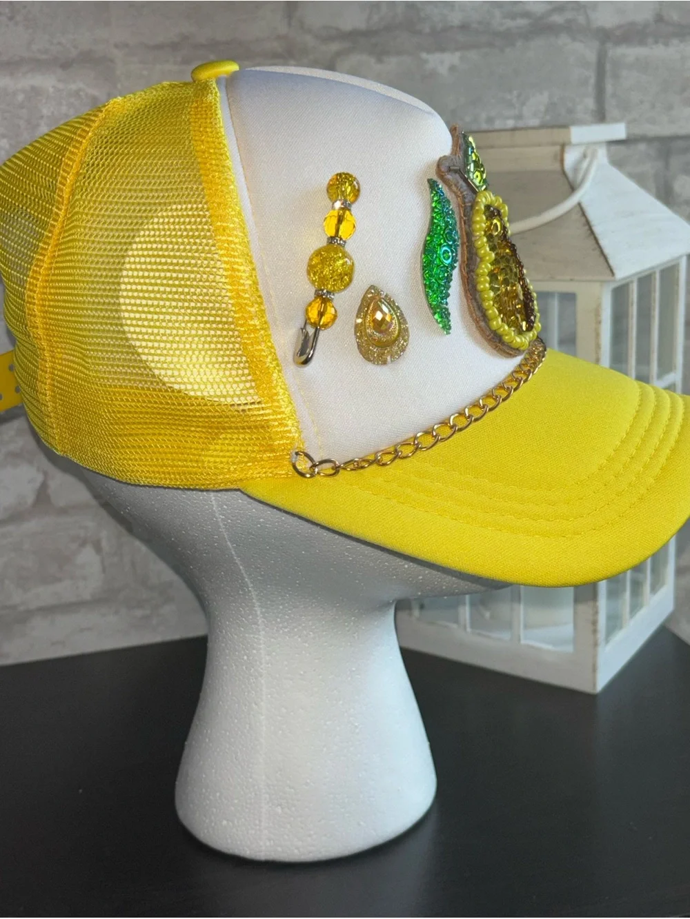 Handmade Embellished White & Yellow Sequin Baseball Cap NWT